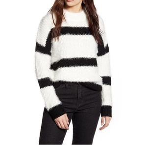 NWT Nordstrom| Cotton Emporium Ivory Stripe Mock Neck Black Knit Sweater, Size M